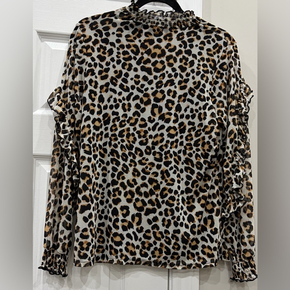 Leopard Print Ruffle Sleeve Blouse - Neutral Tones Lined - Picture 2 of 7
